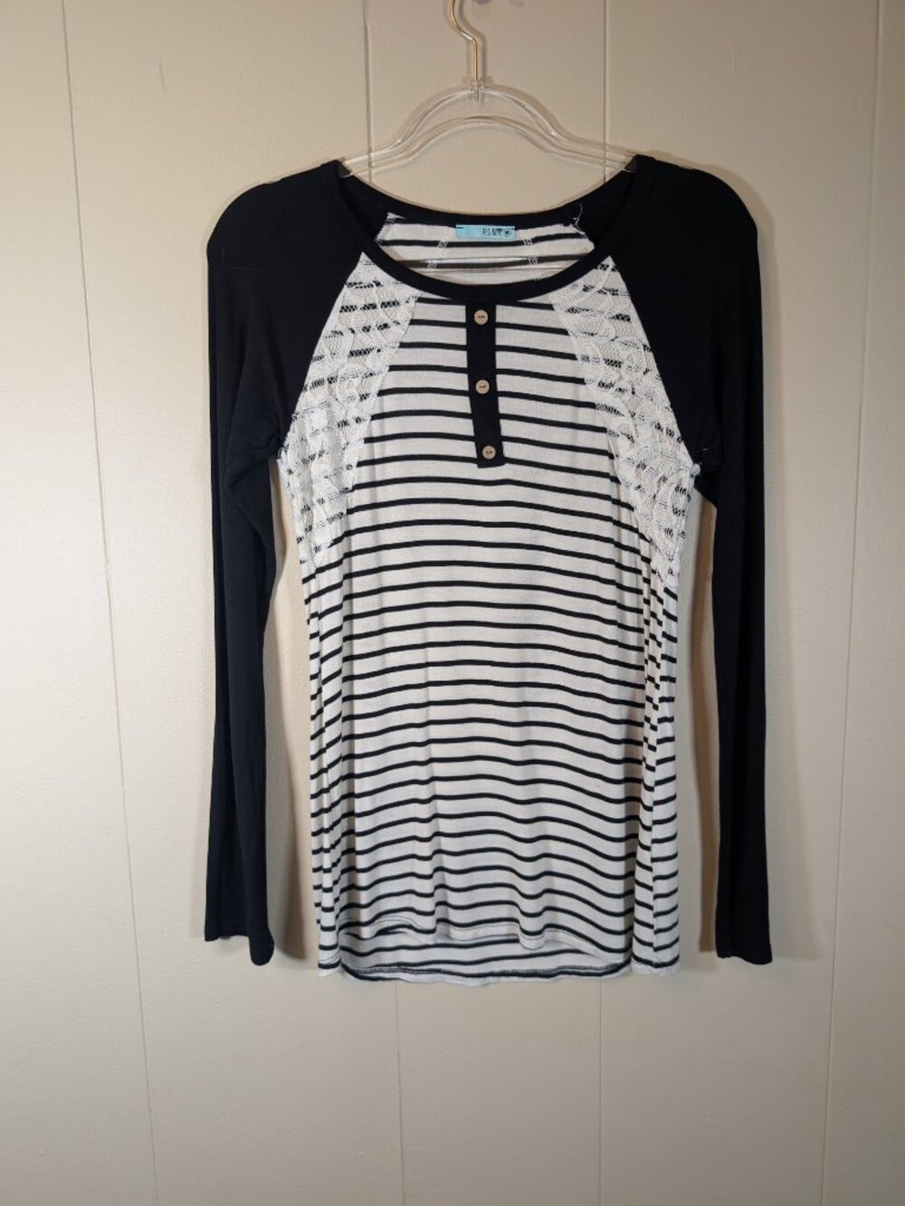 STRIPED Lace Raglan Henley Top P.S. Kate Black White Long Sleeve Boutique L